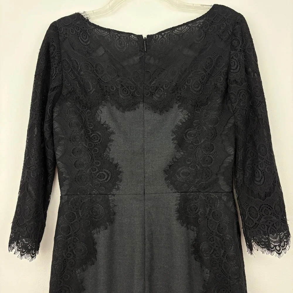 NWT Tory Burch Lainey Dress Size 6 Grey Melange Black Lace 3/4 Sleeve Wool Blend
